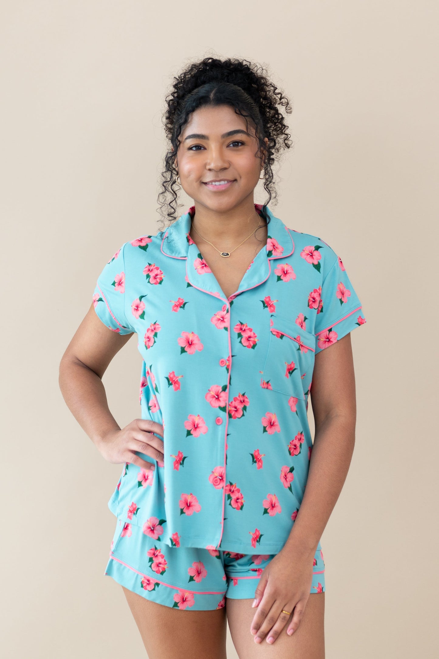 Short Sleeve Pajama Set Comfortable Soft - Hibiscus