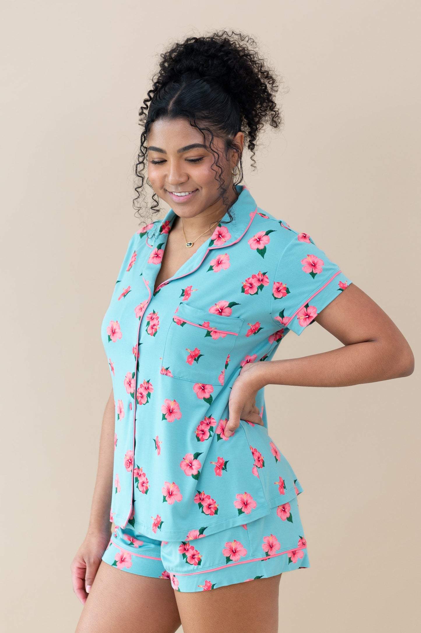 Short Sleeve Pajama Set Comfortable Soft - Hibiscus